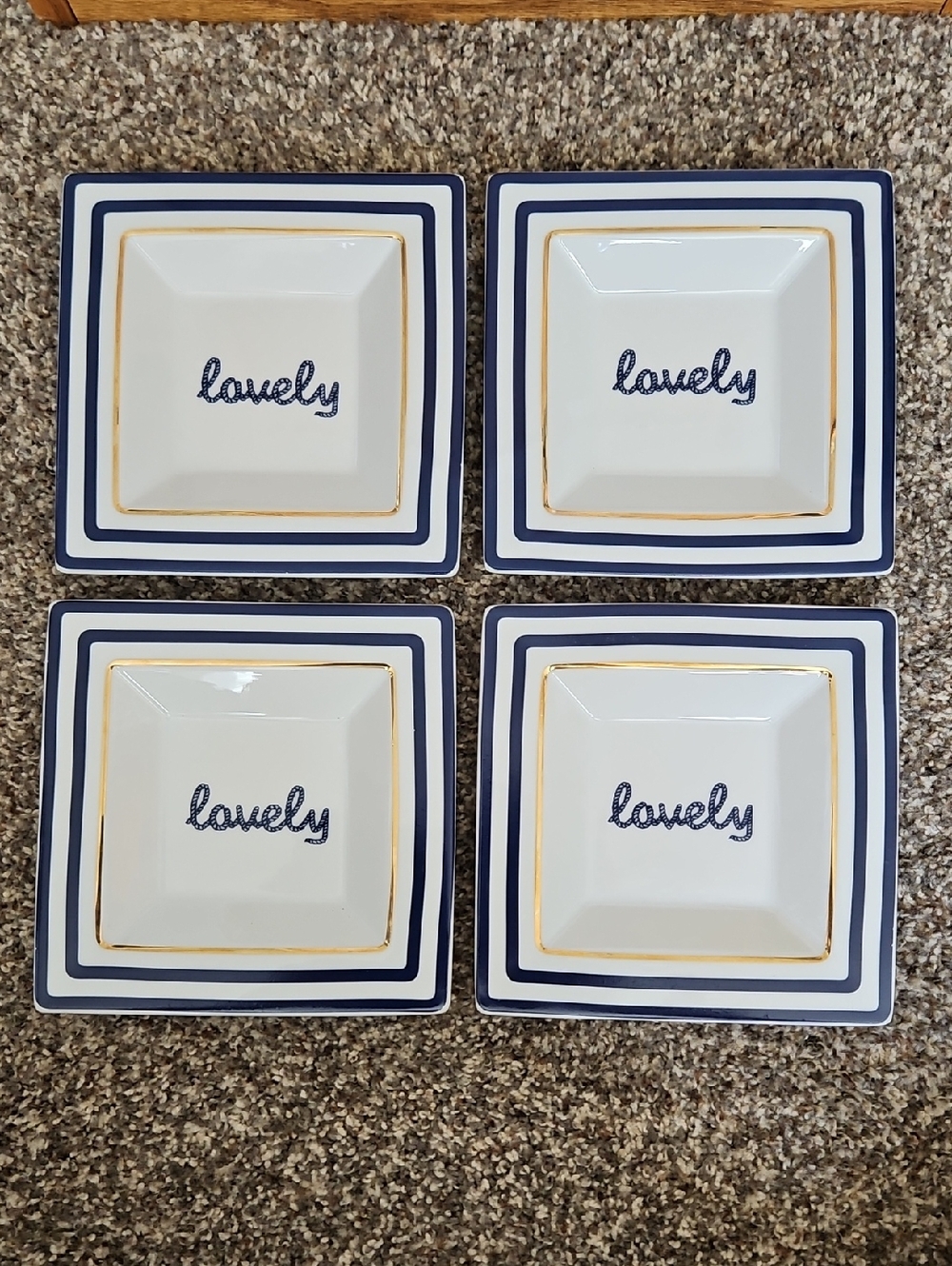 "Lovely" Bundle of 4 Dishes White w Blue & Gold Trim. Trinkets Jewelry 6.5"x6.5"